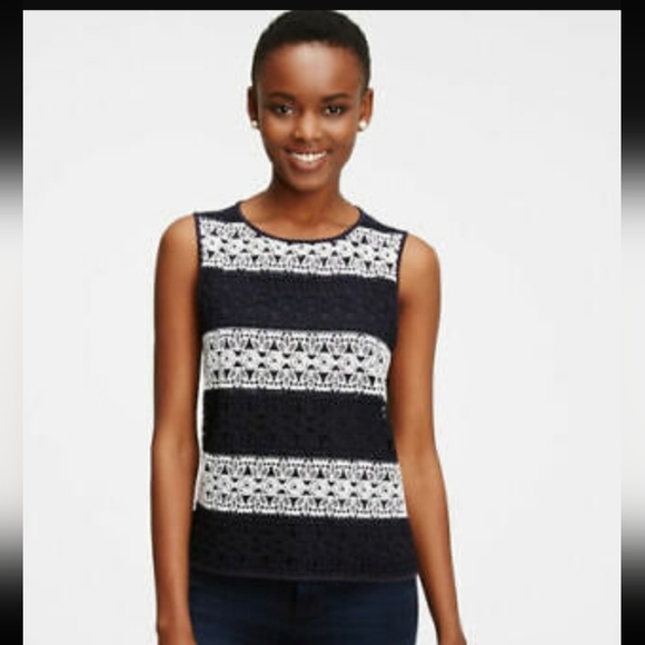 Ann Taylor Tops - ANN TAYLOR  NAVY AND WHITE LACE TOP PETITE MEDIUM
